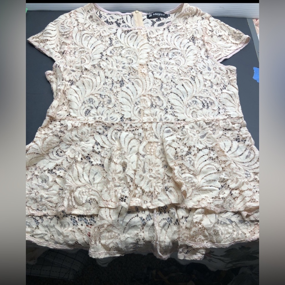 Allegra K Floral Sheer Lace Blouse in Cream and Pink Size XL